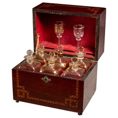 19th C. Parquetry and Mahogany Cave À Liqueur, 6 Decorated Decanters, 2 Glasses