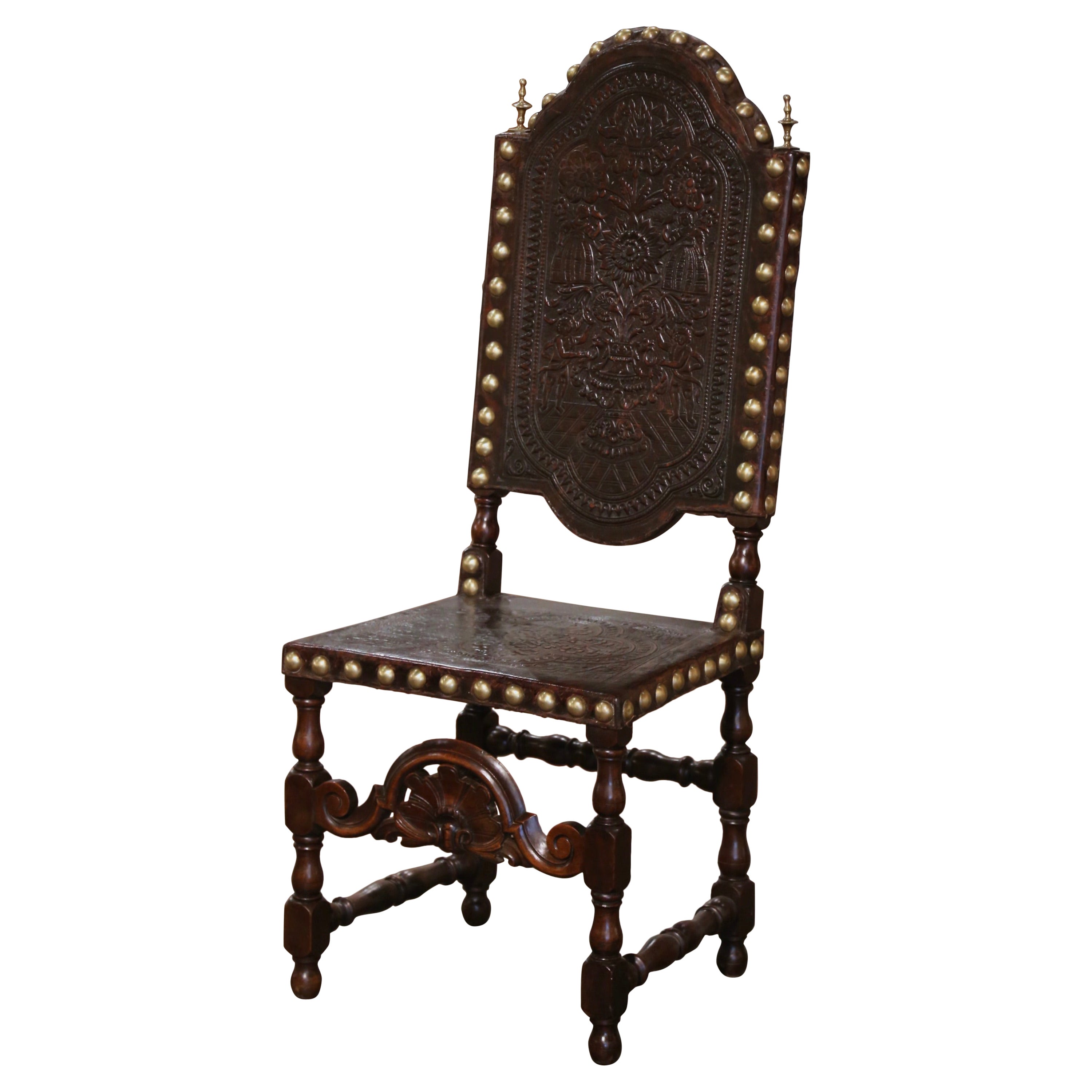 18th Century Portuguese Carved Walnut Chair with Embossed Leather & Brass Nails For Sale