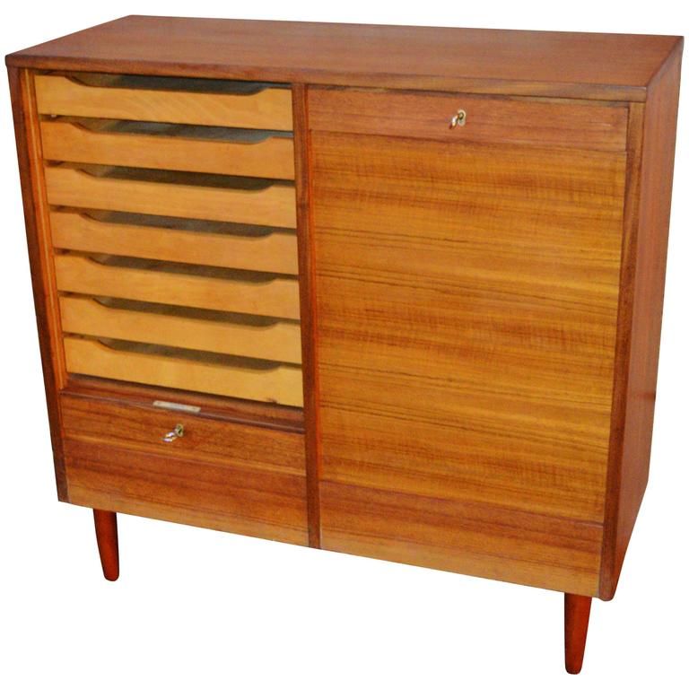 Teak Tambour Door Flat File Storage Cabinet at 1stdibs