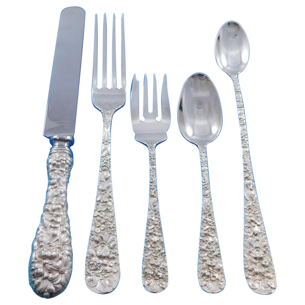 Rose by Stieff Sterling Silver Flatware Set for 12 Service 60 pc Repousse Dinner
