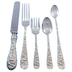 Used Rose by Stieff Sterling Silver Flatware Set for 12 Service 60 pc Repousse Dinner