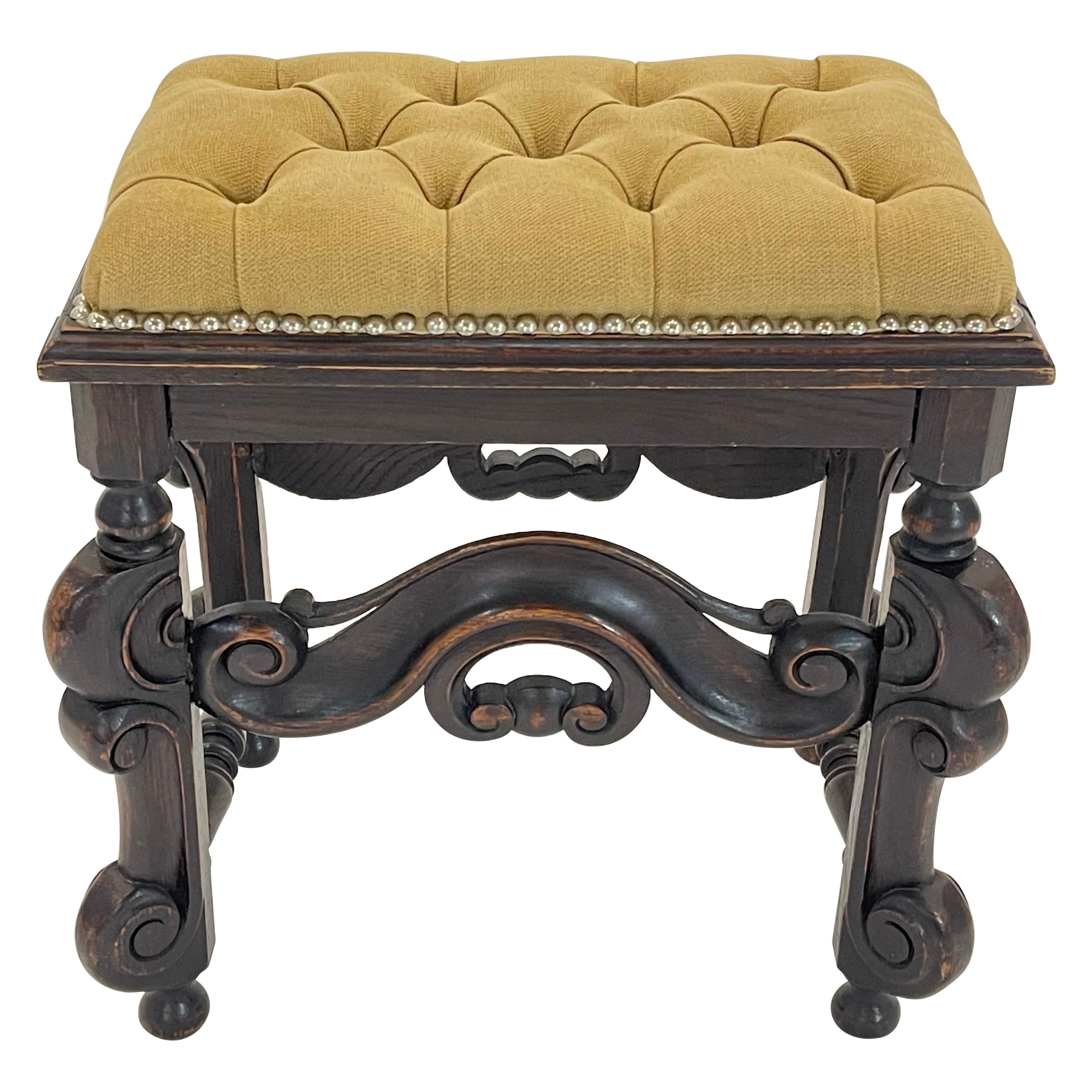 19th Century Italian Baroque Carved Bench or Stool, Linen and Oak, Italy 1800s