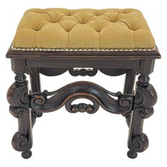 19th Century Italian Baroque Carved Stool or Bench, Linen and Oak, Italy 1800s