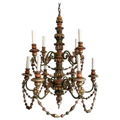 Vintage Italian Painted And Parcel-Gilt Wood Beaded Chandelier 
