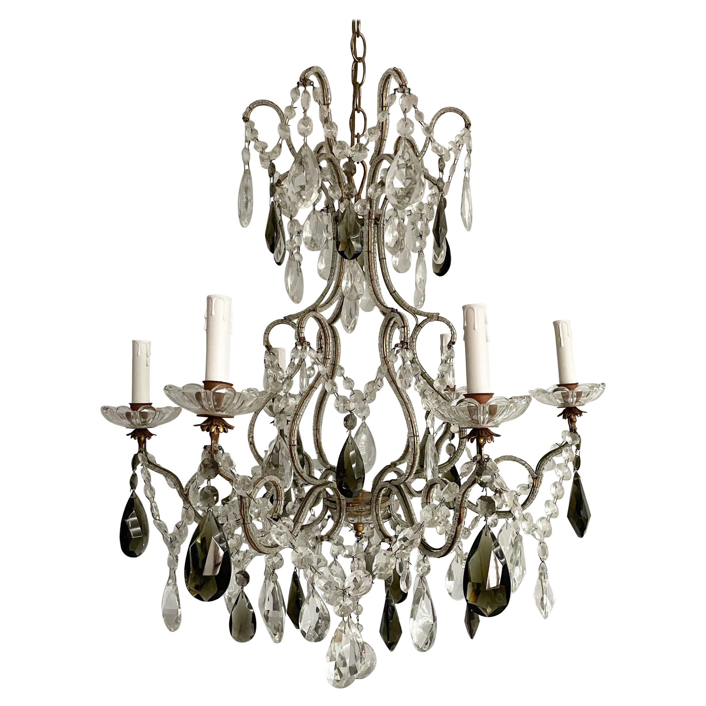 Italian Vintage Crystal Beaded Chandelier With Smokey Green Prisms For Sale