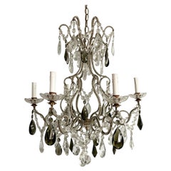 Italian Vintage Crystal Beaded Chandelier With Smokey Green Prisms