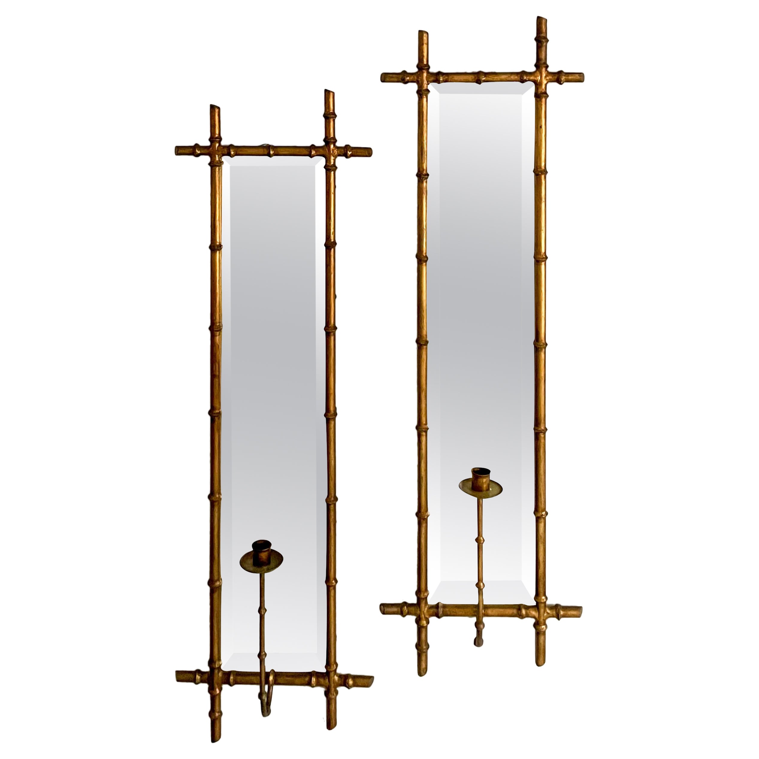 Vintage Pair Of  Italian Faux Bamboo Mirror Candle Sconces