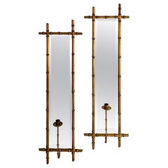 Vintage Pair Of  Italian Faux Bamboo Mirror Candle Sconces