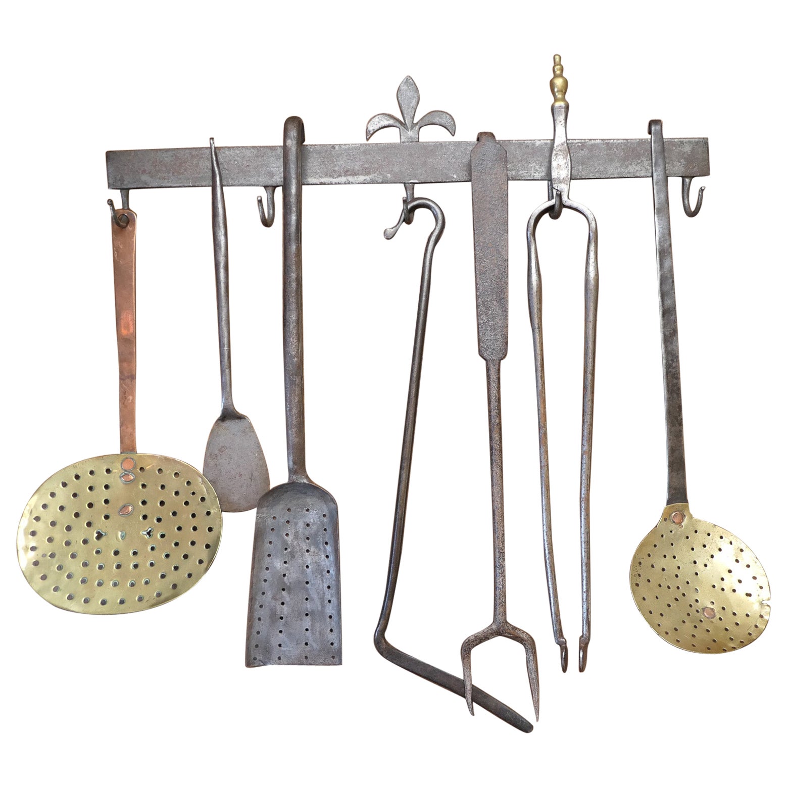 Ensemble d'outils de cheminée néerlandais antique, outils de cuisine, 18ème siècle en vente