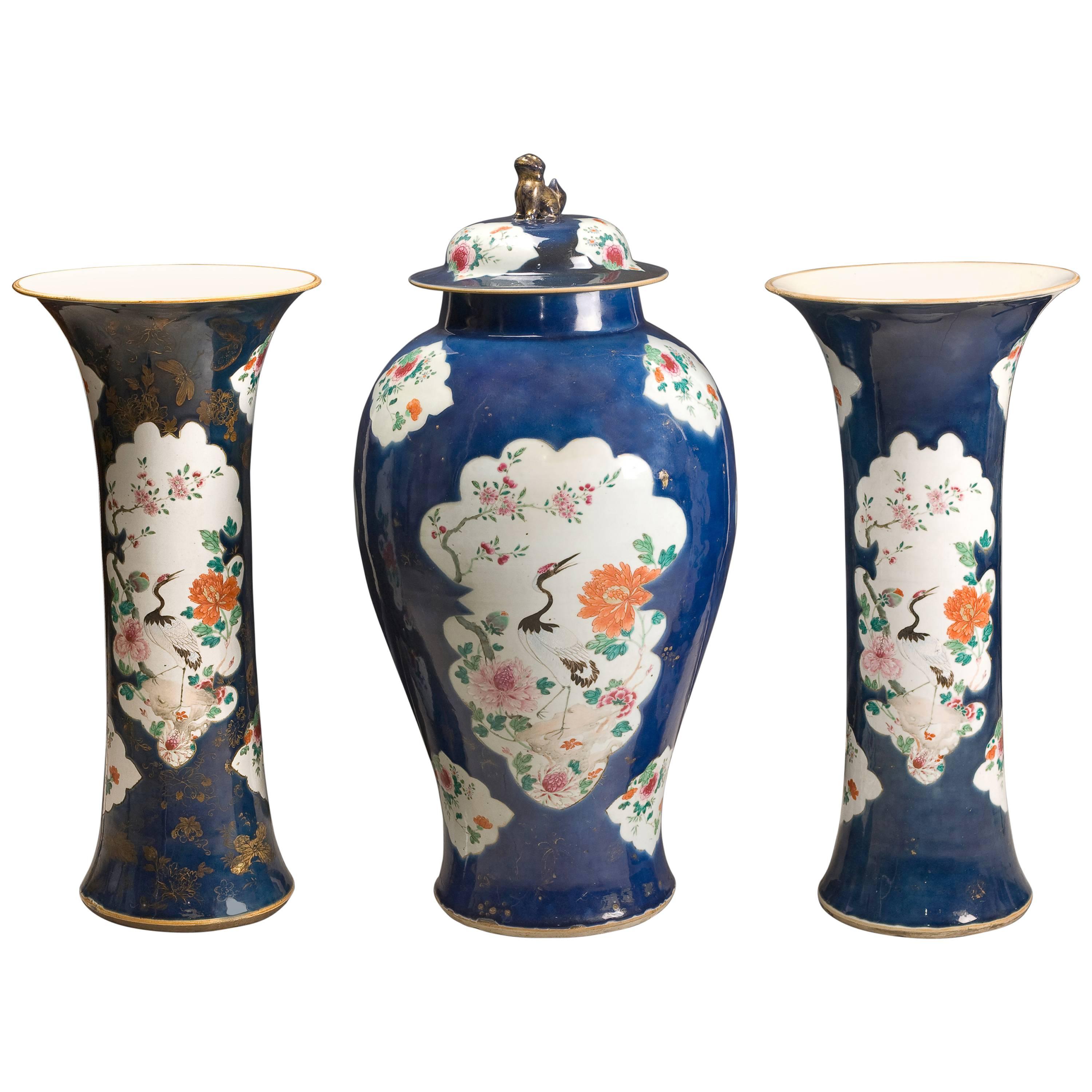 Set of Two Trumpet Vases and One Covered Jar Kieng Lung Period For Sale