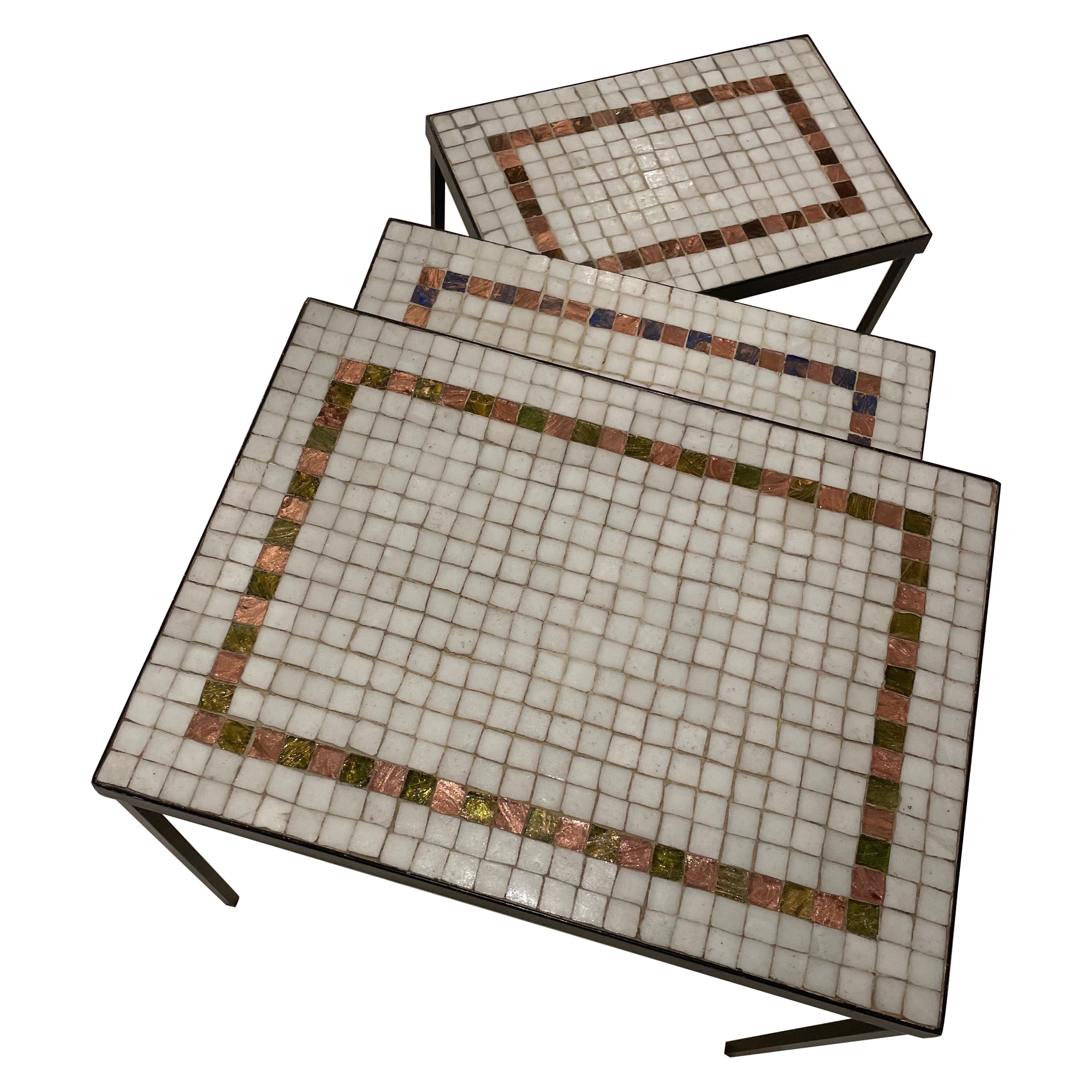 Fine Set of Mosaic and Black Iron Nesting Tables France 1950 For Sale