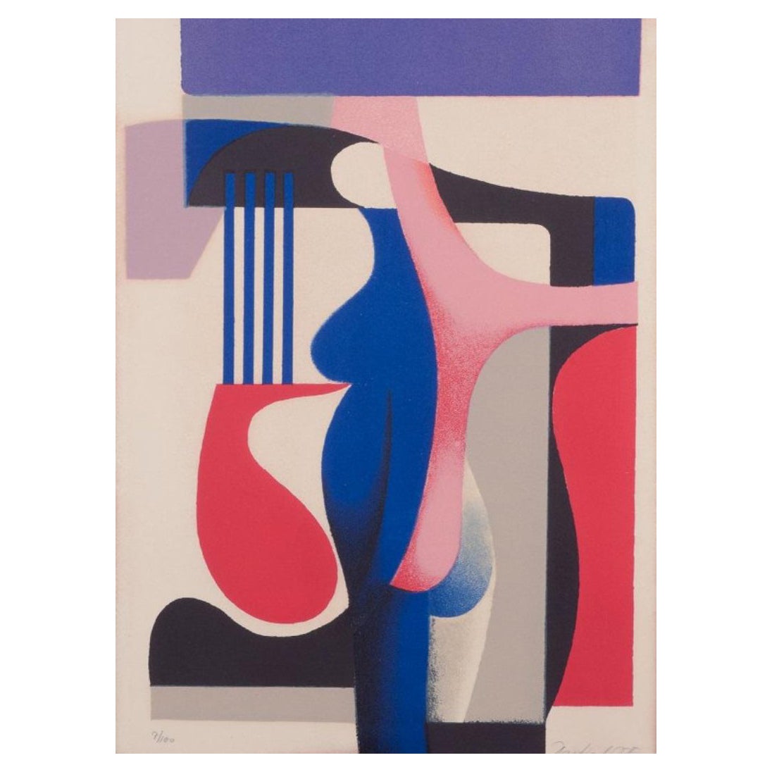 Georgi Daskaloff, artista bulgaro. Litografia a colori / carta. Composizione cubista