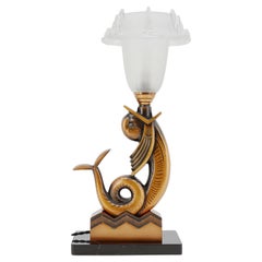 Französische Art-Déco-Fisch-Tischlampe aus Bronze, ca. 1930er Jahre