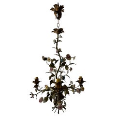 Italian Tole with Porcelain Flowers Polychrome Chandelier, circa 1870