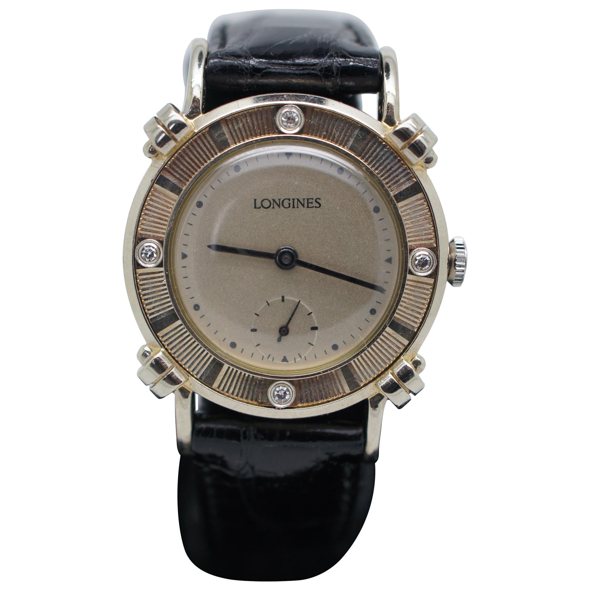 1950s Longines Wittnauer 14K Gold Diamond Wrist Watch Alligator Band Italy 17j