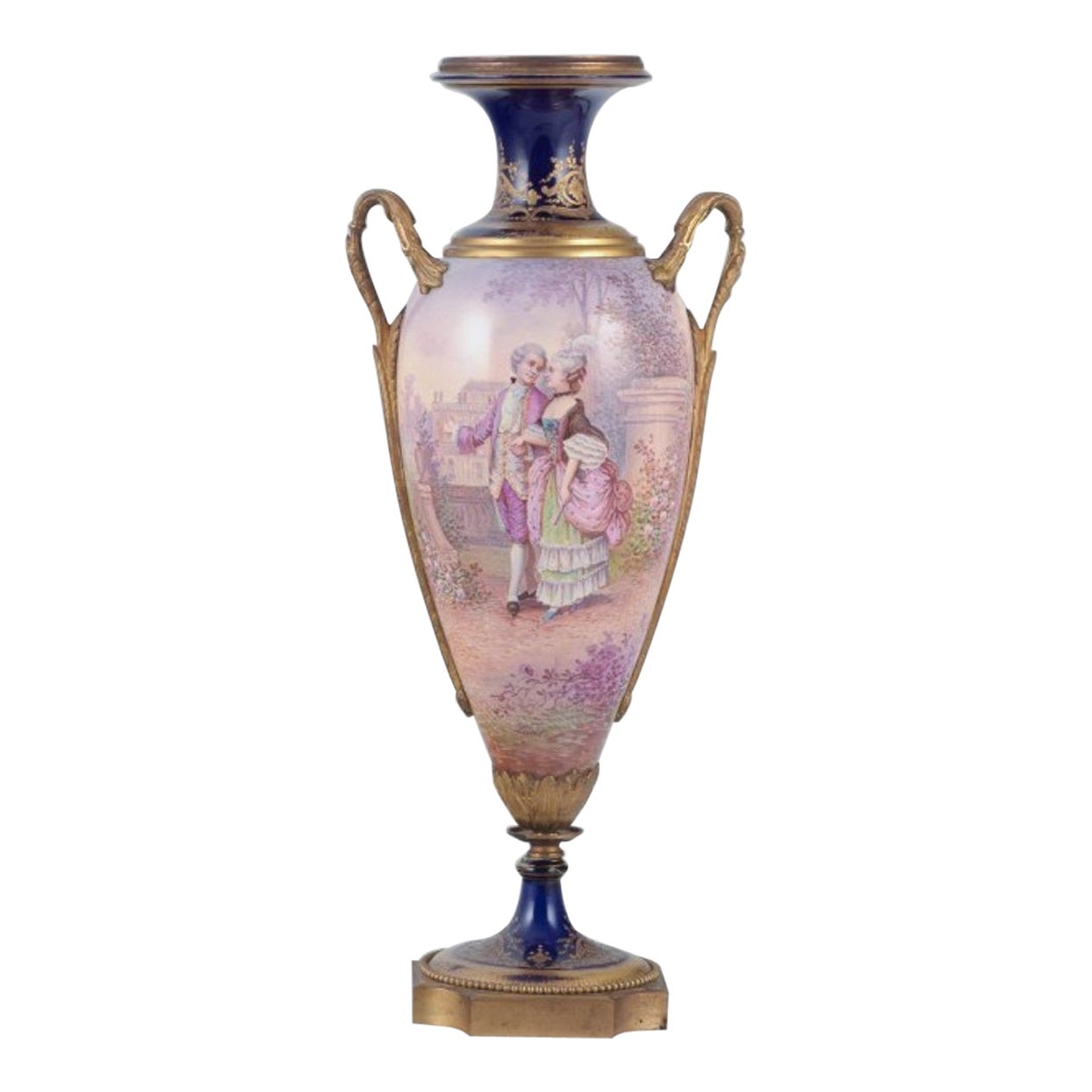 Lucot for Sevres, France. Large amphora-shaped vase in faience and bronze.