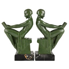 Used Art Deco bookends reading nudes Delassement by Max Le Verrier 1930