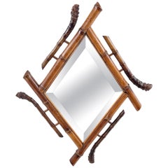Faux Bamboo Mirror, Brown Color, Patinated, Wall Mirror, France 1950