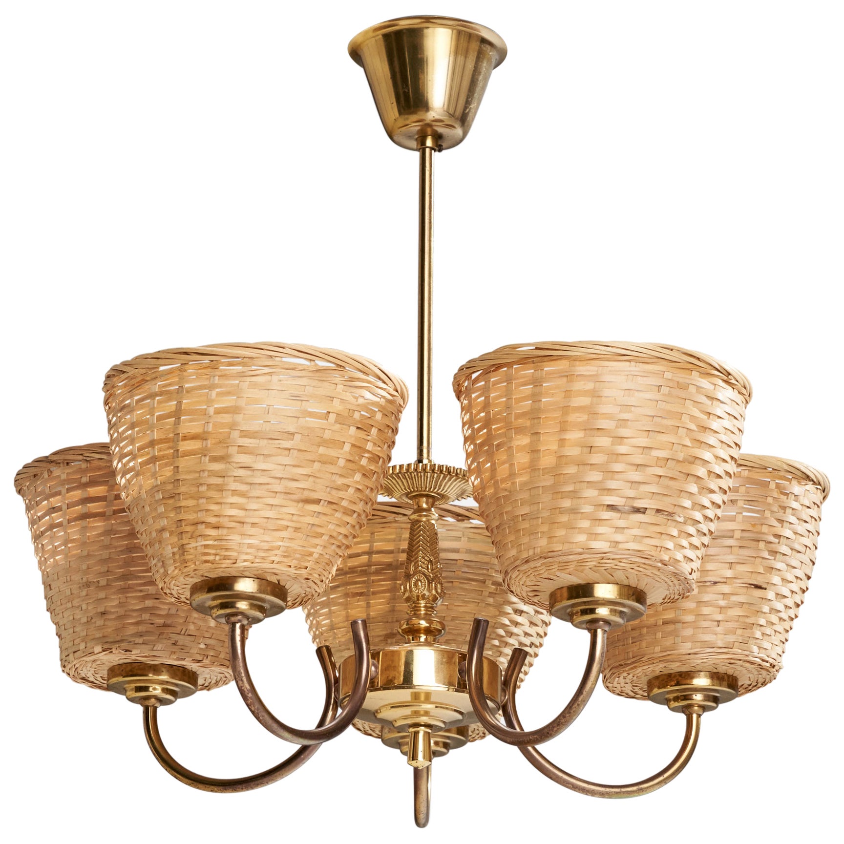 Swedish Designer, Chandelier, Brass, Rattan, Sweden, 1950s