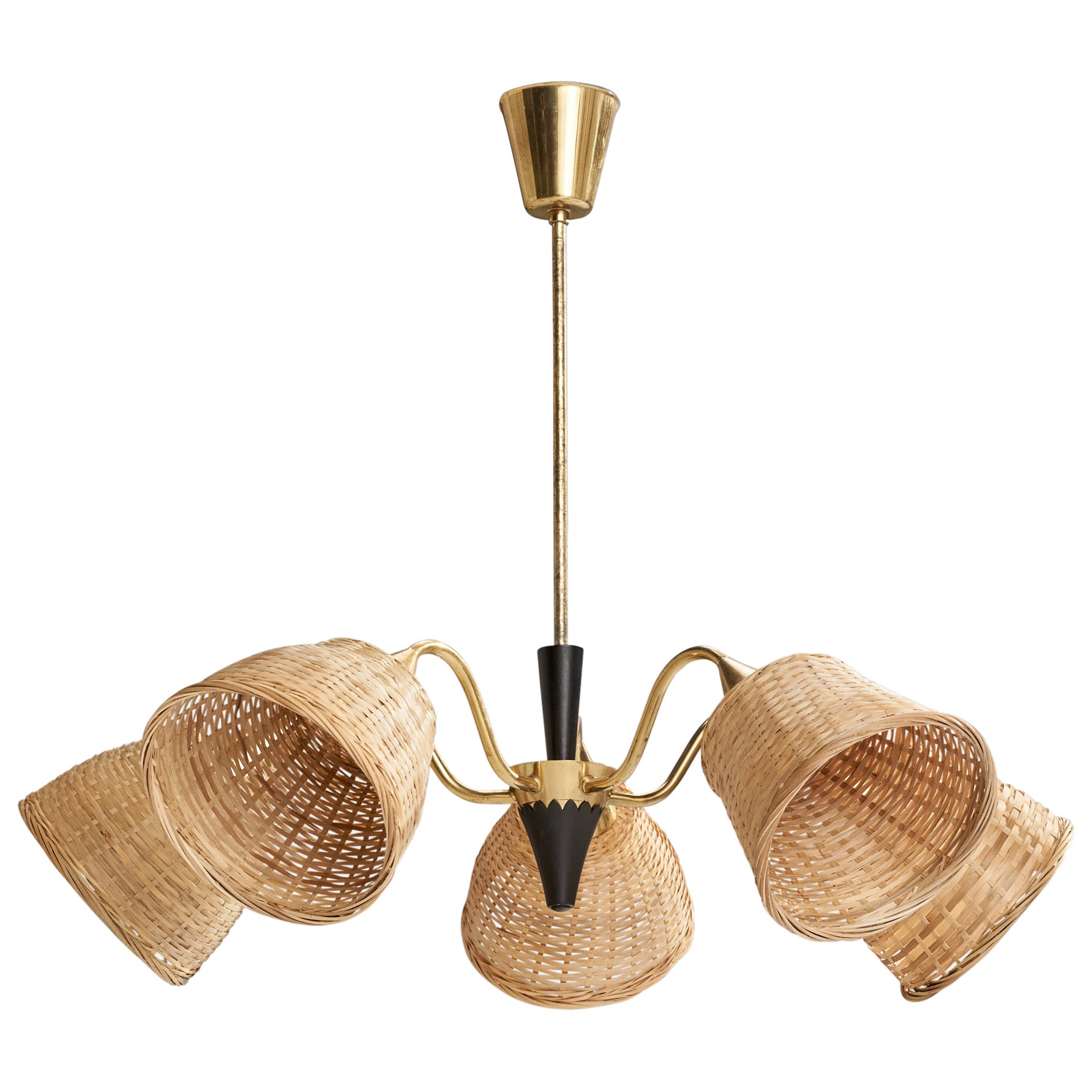 Swedish Designer, Chandelier, Brass, Wood, Rattan, Sweden, 1950s