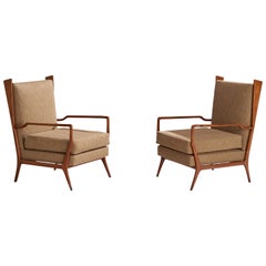 Used Rino Levi, Lounge Chairs, Walnut, Fabric, Italy, 1960s