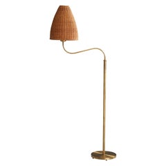 Vintage Böhlmarks, Floor Lamp, Brass, Rattan, Sweden, 1940s