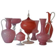 Vintage 1960s Mid-Century Italian Pink Cased Empoli Glass Pitchers Vases Apothecary Jars
