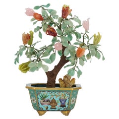 Large Chinese Hardstone Model of a Flower Tree in a Cloisonné Enamel Planter