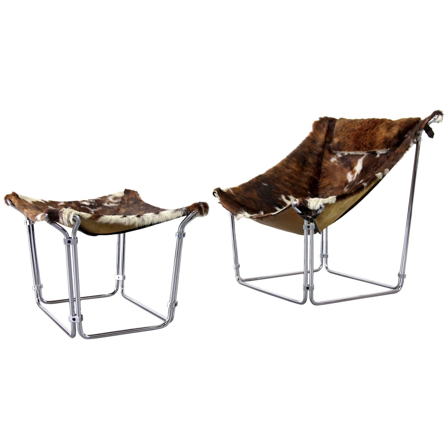 Cowhide Lounge Chair with Ottoman by Kwok Hoi Chan Produced by Steiner, Paris For Sale