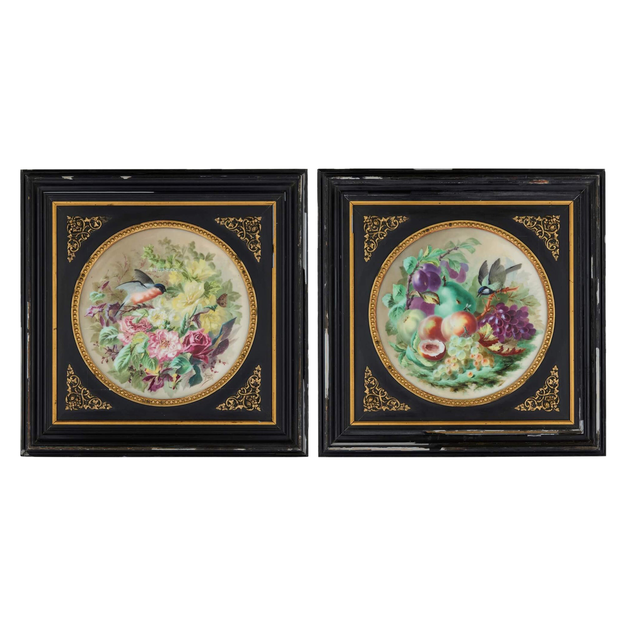 Paire de grandes plaques en porcelaine à fleurs de Mariotte, 1876-1877