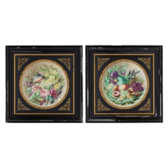 Antique Pair of Large Floral Porcelain Plaques by Mariotte, 1876-1877