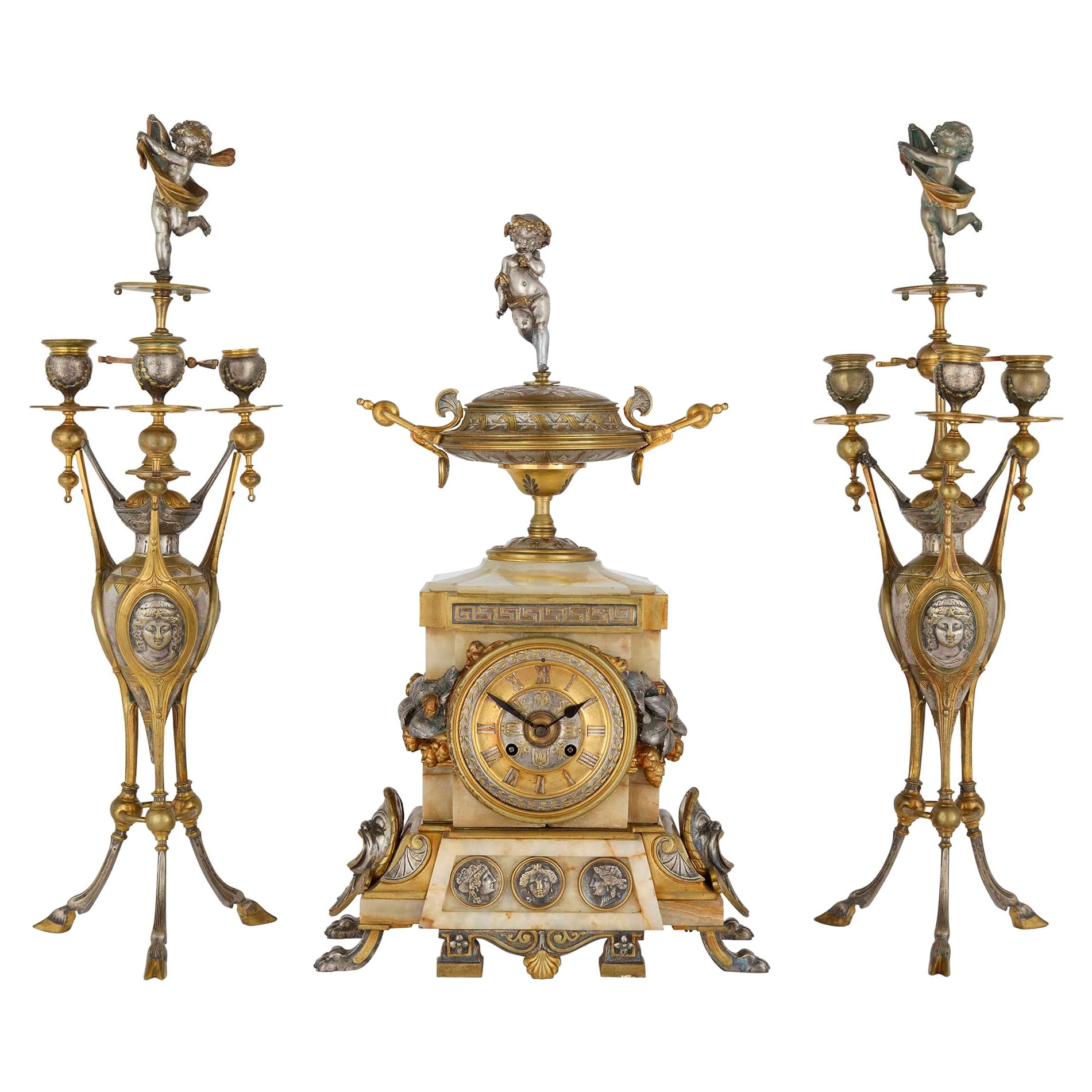 Antique Alabaster, Ormolu and Silvered Bronze Clock Set in the Neo-Grec Style For Sale