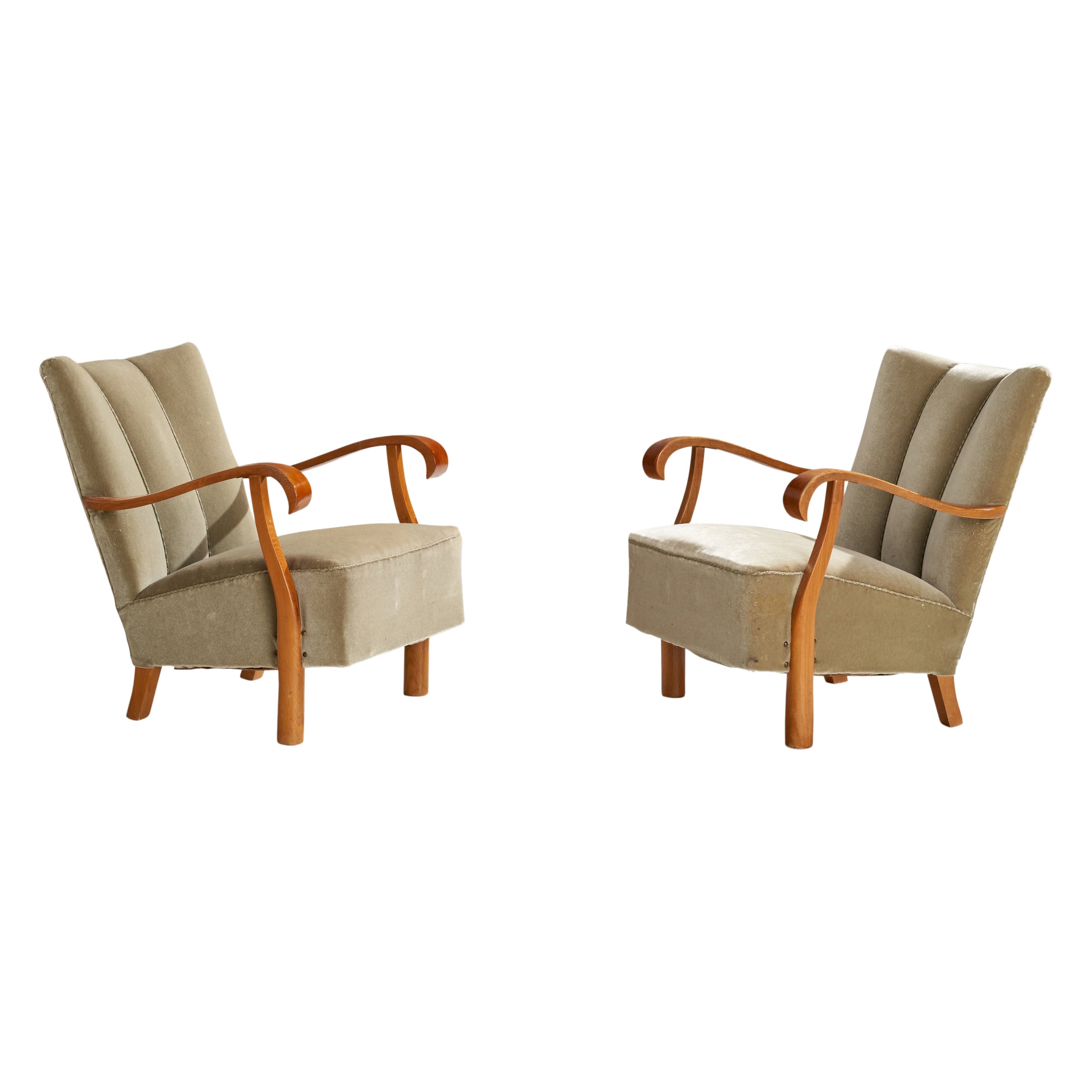 Swedish Designer, Lounge Chairs, Birch, Velvet, Sweden, 1940s