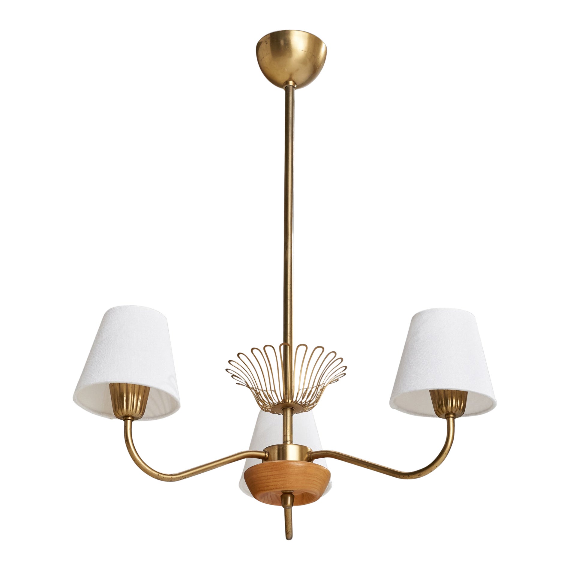 Swedish Designer, Chandelier, Brass, Elm, Fabric, Sweden, 1940s