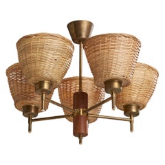 Swedish Designer, Chandelier, Brass, Teak, Rattan, Sweden, 1950s