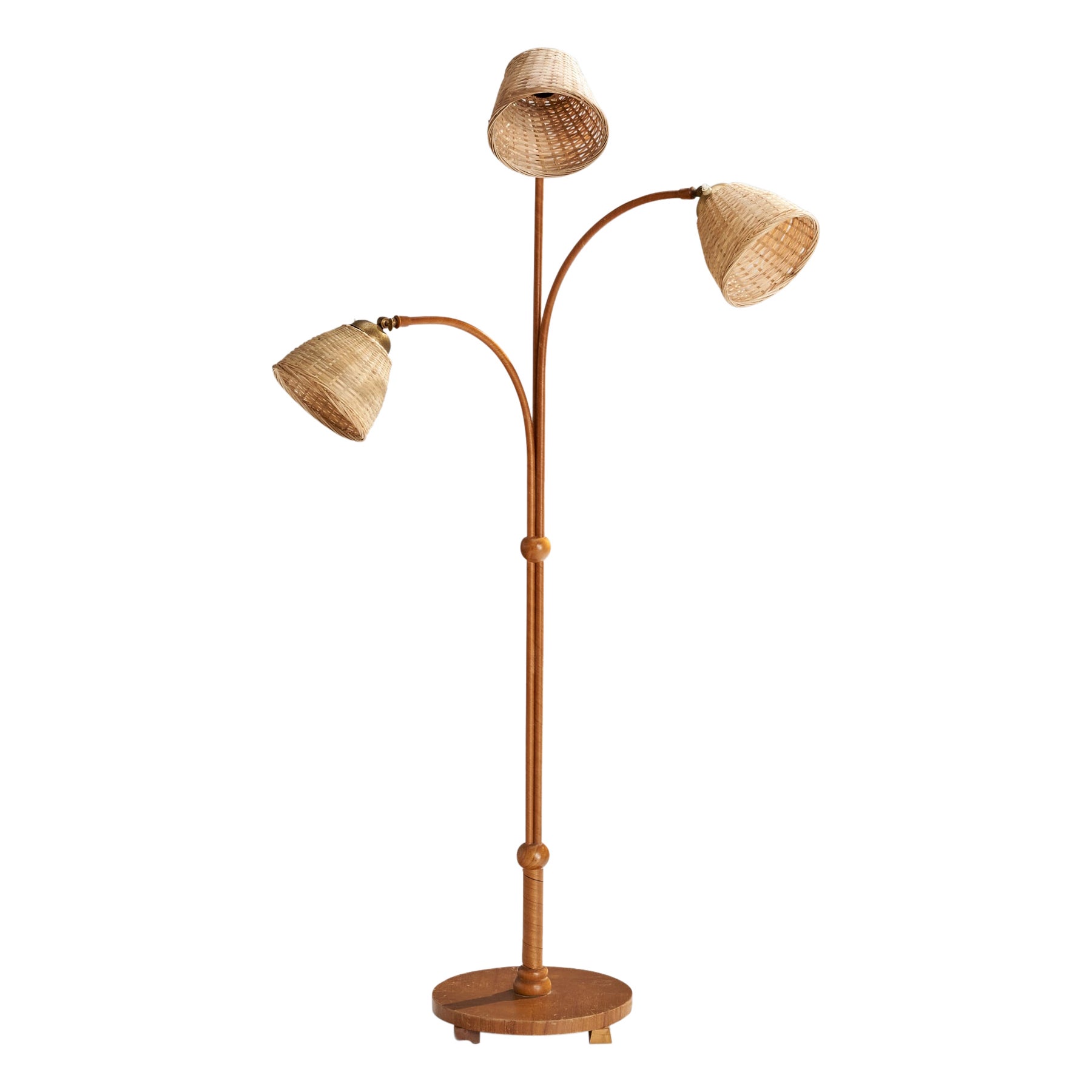 Swedish Designer, Floor Lamp, Elm, Brass, Rattan, Sweden, 1940s