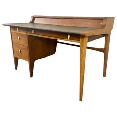 Vintage John Van Koert for Drexel Profile Mid Century Leather Top Walnut Desk