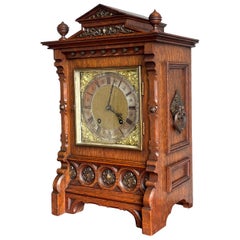 Used and Good Size Gothic Revival Oak & Bronze 1893 Table Clock by Lenzkirch
