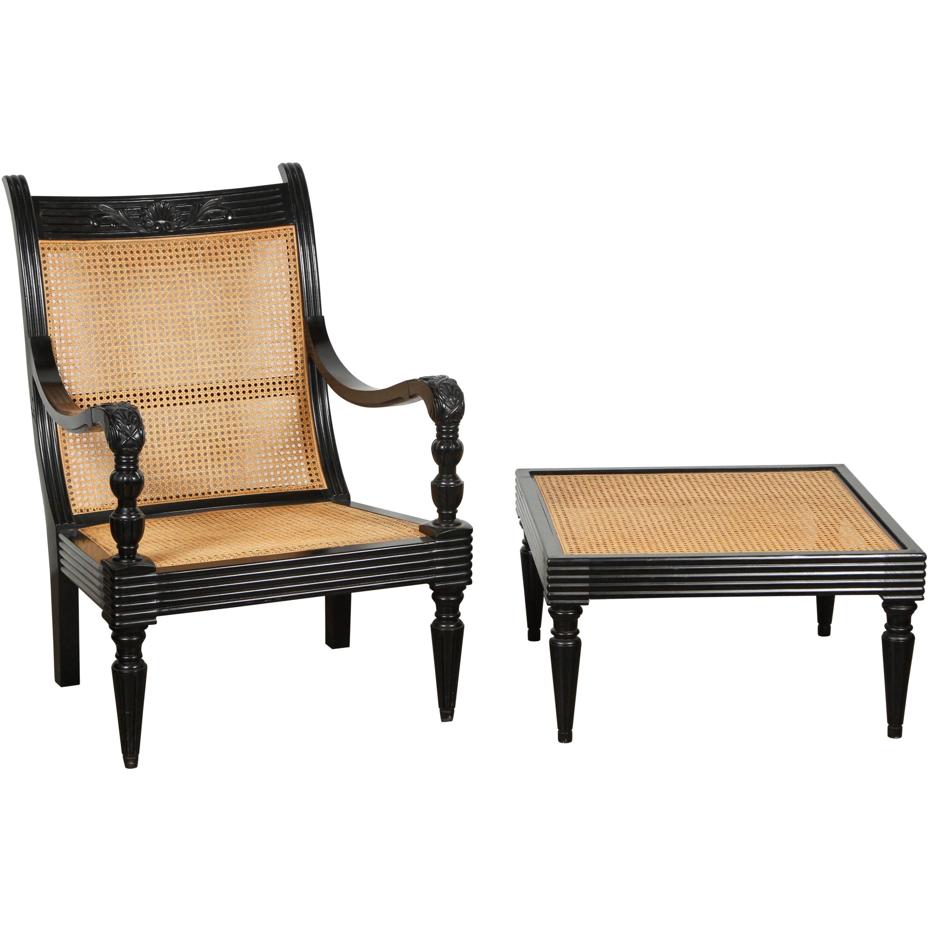 Anglo-Indian Ebonized Armchair and Ottoman