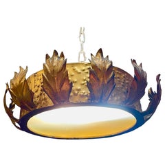 Large Spanish Crown Sunburst fixture in Gilt Metal and frost Glass , circa 1950
