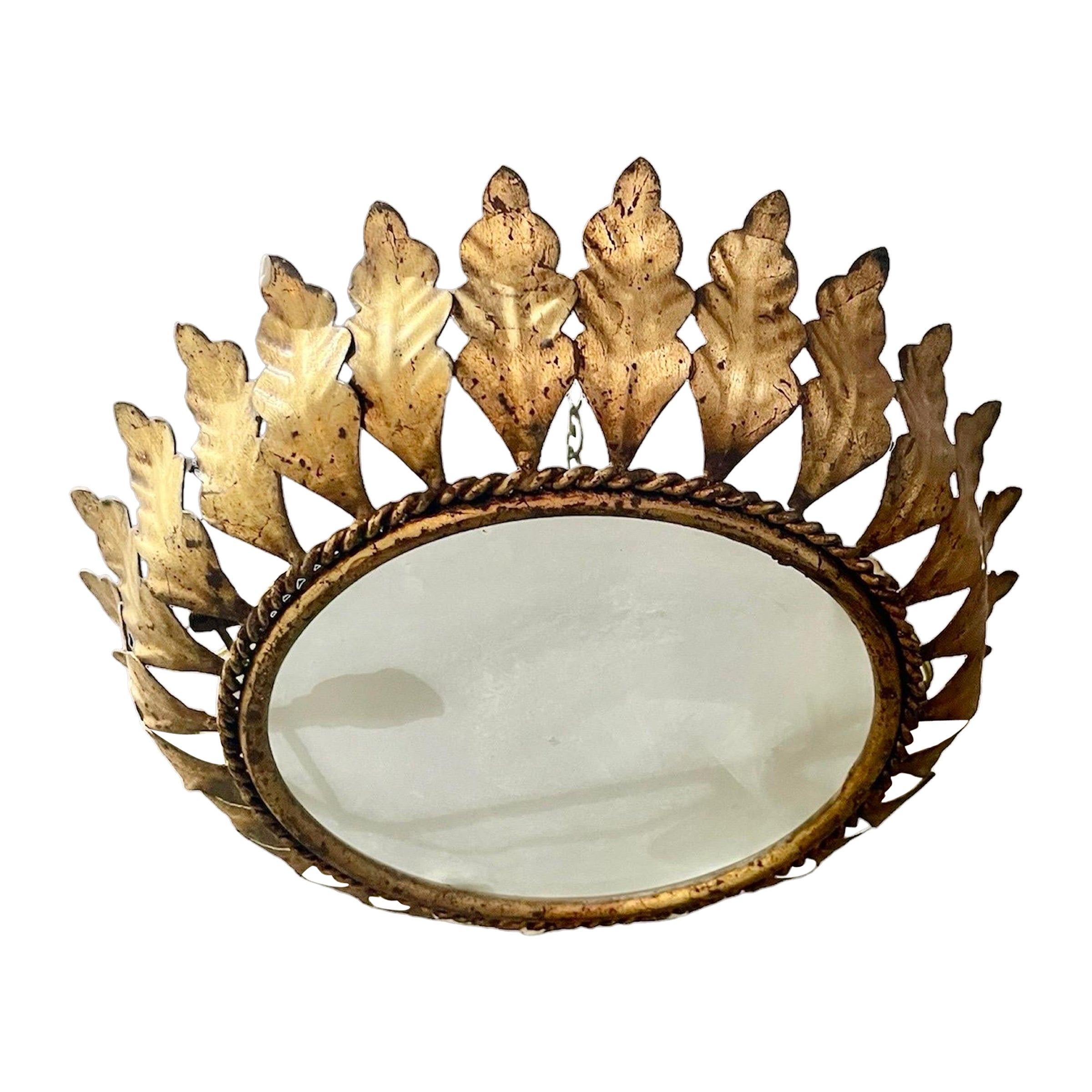 Large Spanish Crown Sunburst fixture in Gilt Metal and frost Glass , circa 1950