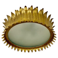 Vintage Large Spanish Crown Sunburst fixture in Gilt Metal and frost Glass , circa 1950