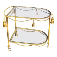 Vintage Hollywood Regency Gold Tassel Motif Rolling Bar Cart with Double Glass Shelves