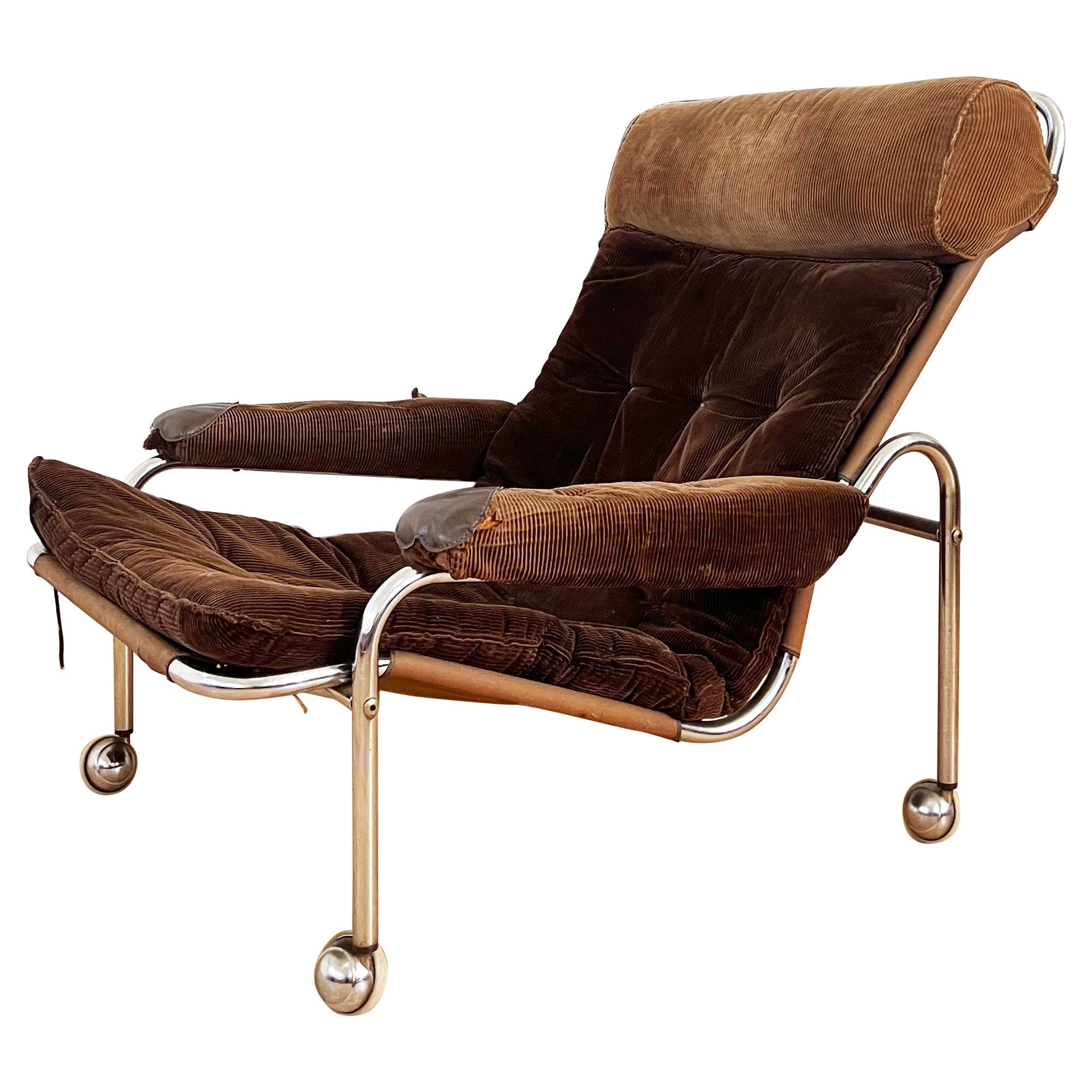 Fauteuil Karin des années 1970 en velours marron et chrome de Bruno Mathsson (Suède)