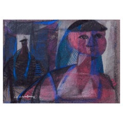 Bertil Wahlberg, listed Swedish artist. Pastel on paper. Figurative composition