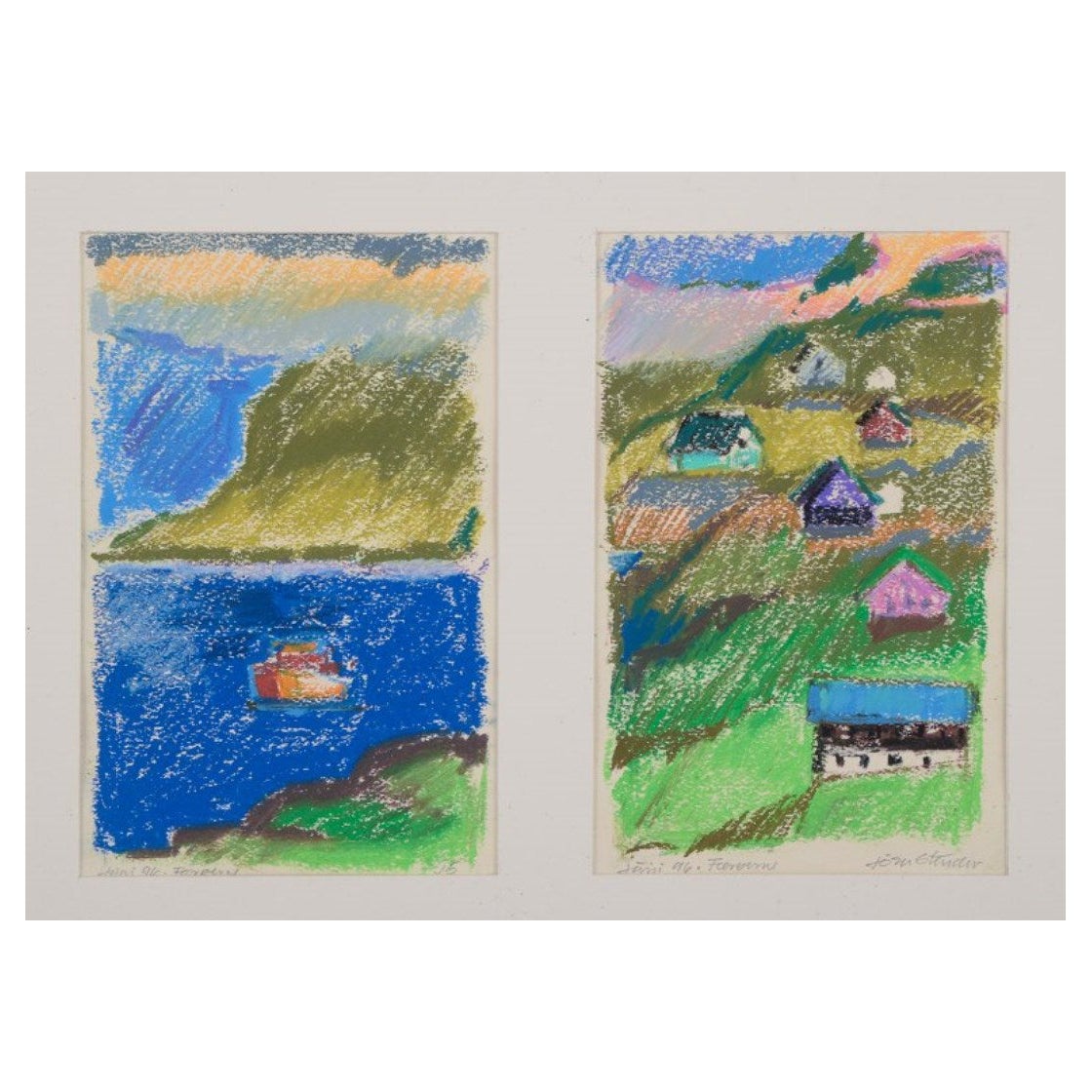 Jörn Stender, artiste danois. Pastel sur papier. Deux scènes de campagne avec des maisons