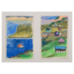 Used Jörn Stender, Danish artist. Pastel on paper. Two country scenes with houses