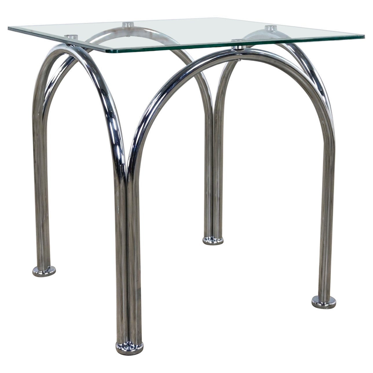Mesa auxiliar o auxiliar con tapa cuadrada de cristal biselado y base arqueada de tubo cromado estilo Bauhaus en venta