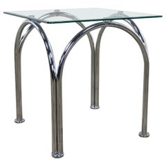 Vintage Bauhaus Style Arched Chrome Tube Base Square Beveled Glass Top End or Side Table