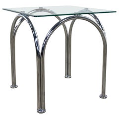 Bauhaus Style Arched Chrome Tube Base Square Beveled Glass Top End or Side Table
